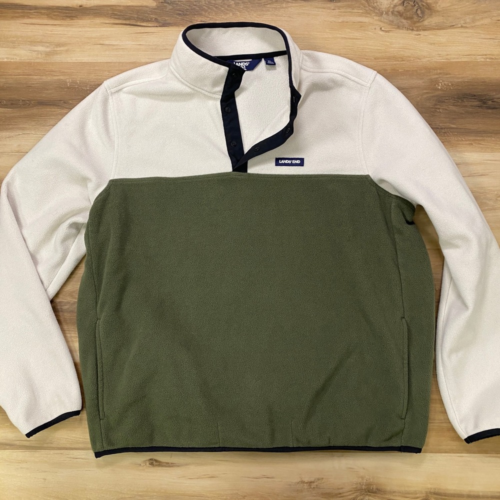 Lands End Fleece Pullover XL Snap Neck Colorblock Polyester Olive Cream Mens